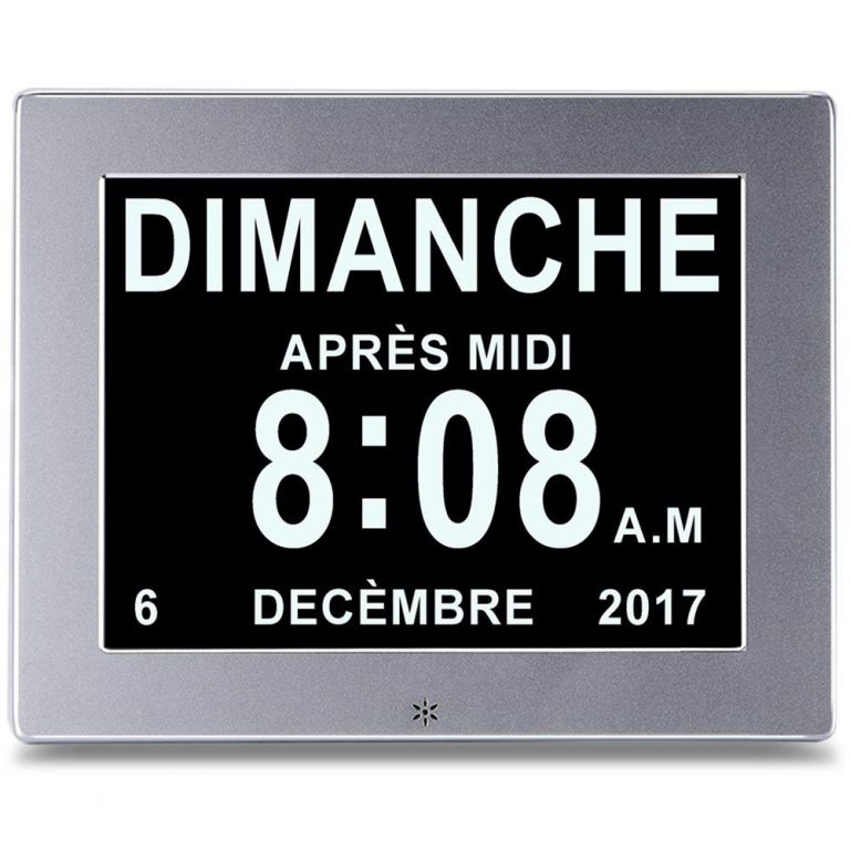 Une horloge complète avec heure, date et cadre photo